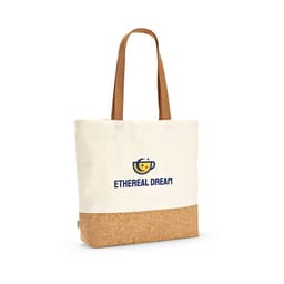 A cotton shopping bag in cream with a cork bottom and brown handles, featuring a logo.