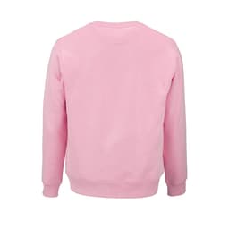 A pink unisex crew neck sweatshirt made from organic cotton and rPET, featuring a logo on the front.