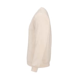 A beige unisex crew neck sweatshirt made from organic cotton and rPET, featuring a logo on the front.