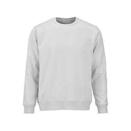A white unisex crew neck sweatshirt made from organic cotton and rPET, featuring a branded logo.