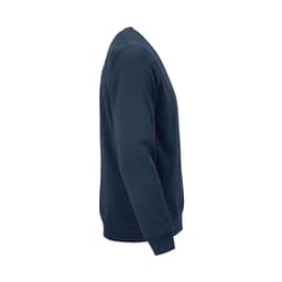 A navy unisex crew neck sweatshirt made from organic cotton and rPET, featuring a plain design and a logo.