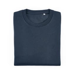 A folded navy crew neck sweatshirt made from organic cotton and rPET, featuring a logo.