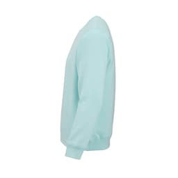 A light blue unisex crew neck sweatshirt made from organic cotton and rPET, featuring a logo on the sleeve.