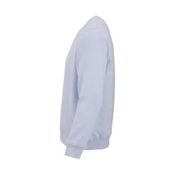 A light purple unisex crew neck sweatshirt made from organic cotton and rPET, featuring a logo.