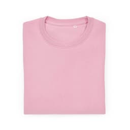 A folded pink unisex crew neck sweatshirt made from organic cotton and rPET. It features a small logo.
