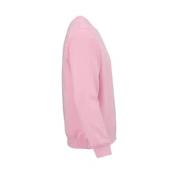 A pink unisex crew neck sweatshirt made from organic cotton and rPET, featuring a logo.
