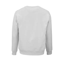 A grey unisex crew neck sweatshirt made from organic cotton and rPET, featuring a logo on the back.
