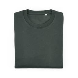 A folded Waikiki unisex crew neck sweatshirt in dark green, made from organic cotton and rPET, featuring a logo.