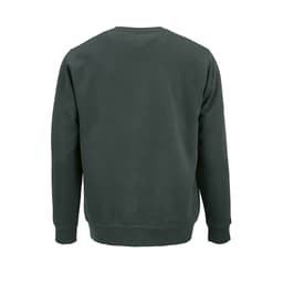 A unisex crew neck sweatshirt in a dark green colour, made from organic cotton and rPET, featuring a logo.