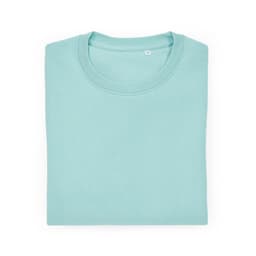 A folded mint green unisex crew neck sweatshirt made from organic cotton and rPET, featuring a logo.