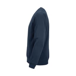 A navy unisex crew neck sweatshirt made from organic cotton and rPET, featuring a logo on the front.