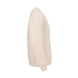 A unisex crew neck sweatshirt in a light beige colour, made from organic cotton and rPET, features a brand logo.