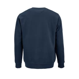 A unisex crew neck sweatshirt in navy blue, made from organic cotton and rPET, featuring a logo.