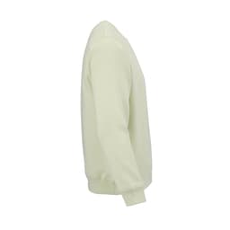A light green unisex crew neck sweatshirt made from organic cotton and rPET, featuring a logo on the front.