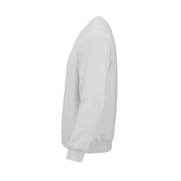 A white unisex crew neck sweatshirt made from organic cotton and rPET, featuring a logo.