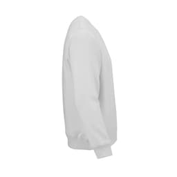 A grey unisex crew neck sweatshirt made from organic cotton and rPET, featuring a logo on the front.