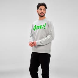A grey unisex crew neck sweatshirt made of organic cotton and rPET, featuring a green logo.