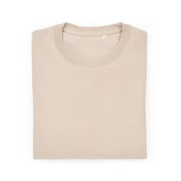A folded beige unisex crew neck sweatshirt made from organic cotton and rPET, featuring a logo.