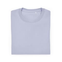 A folded unisex crew neck sweatshirt in a soft lavender colour, made from organic cotton and rPET. It features a logo.