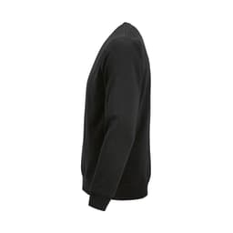 A black unisex crew neck sweatshirt made of organic cotton and rPET, featuring a logo.