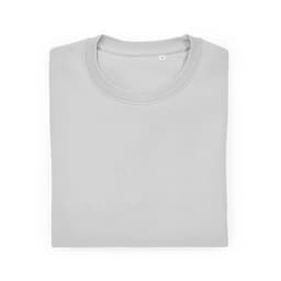 A folded grey unisex crew neck sweatshirt made from organic cotton and rPET, featuring a logo.