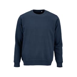 A navy unisex crew neck sweatshirt made from organic cotton and rPET, featuring a logo.