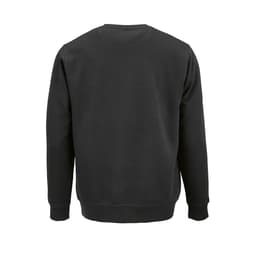 A black unisex crew neck sweatshirt made from organic cotton and rPET. Features a logo on the back.