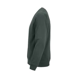 A green unisex crew neck sweatshirt made from organic cotton and rPET, featuring a logo.