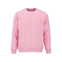 A pink unisex crew neck sweatshirt made from organic cotton and rPET, featuring a logo.