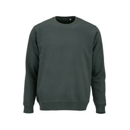 A dark green unisex crew neck sweatshirt made from organic cotton and rPET, featuring a logo.