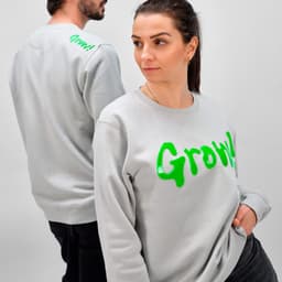 A light grey unisex crew neck sweatshirt made from organic cotton and rPET, featuring a green logo and relaxed fit.