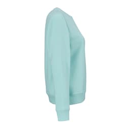 A light blue women's crew neck sweatshirt made from organic cotton and rPET, featuring a logo on the sleeve.