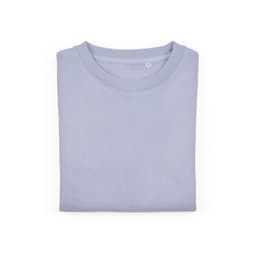 A folded women's crew neck sweatshirt in light purple made from organic cotton and rPET. Features a logo.