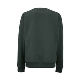 A dark green women's crew neck sweatshirt made from organic cotton and rPET, featuring a plain back.