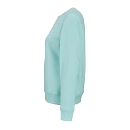 A light blue women's crew neck sweatshirt with long sleeves and a ribbed cuff. It has a logo on it.