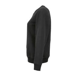 A black women's crew neck sweatshirt made from organic cotton and rPET, featuring a side view.