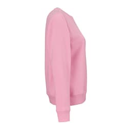 A pink women's crew neck sweatshirt made from organic cotton and rPET, featuring a logo on the front.