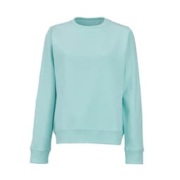 A crew neck sweatshirt in light aqua blue, made from organic cotton and rPET, featuring long sleeves and a simple design.