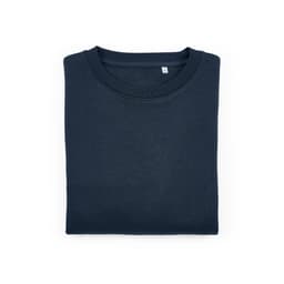 A folded navy blue women's crew neck sweatshirt made from organic cotton and rPET, featuring a logo.
