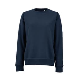 A navy blue women's crew neck sweatshirt made from organic cotton and rPET, featuring a logo.