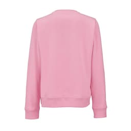 A pink women's crew neck sweatshirt with a classic fit and long sleeves. Features a logo on the back.