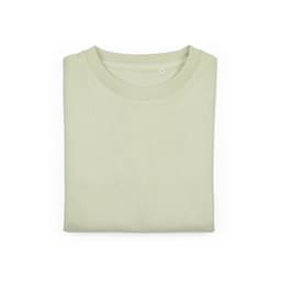 A folded crew neck sweatshirt in a soft light green colour, made from organic cotton and rPET, with a logo.