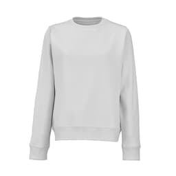 A light grey women's crew neck sweatshirt made from organic cotton and rPET, featuring a logo.