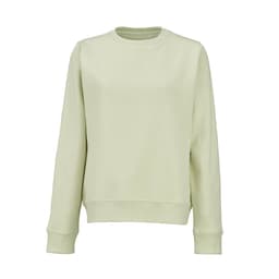 A light green women's crew neck sweatshirt made from organic cotton and rPET, featuring long sleeves and a relaxed fit.