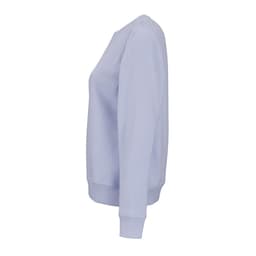 A light blue women's crew neck sweatshirt made from organic cotton and rPET, featuring a logo.