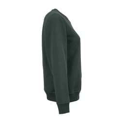 A green women's crew neck sweatshirt featuring long sleeves and a ribbed hem, made from organic cotton and rPET.