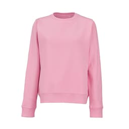 A pink women's crew neck sweatshirt made from organic cotton and rPET, featuring a logo.