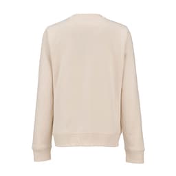A cream-coloured women's crew neck sweatshirt made from organic cotton and rPET, featuring long sleeves and a logo.