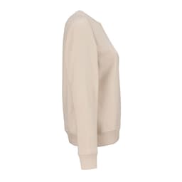 A women's crew neck sweatshirt in beige, featuring a simple design and a logo on the front. Made from organic cotton and rPET.