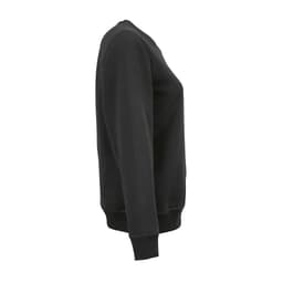 A black women's crew neck sweatshirt featuring a classic design and ribbed cuffs, made from organic cotton and rPET.
